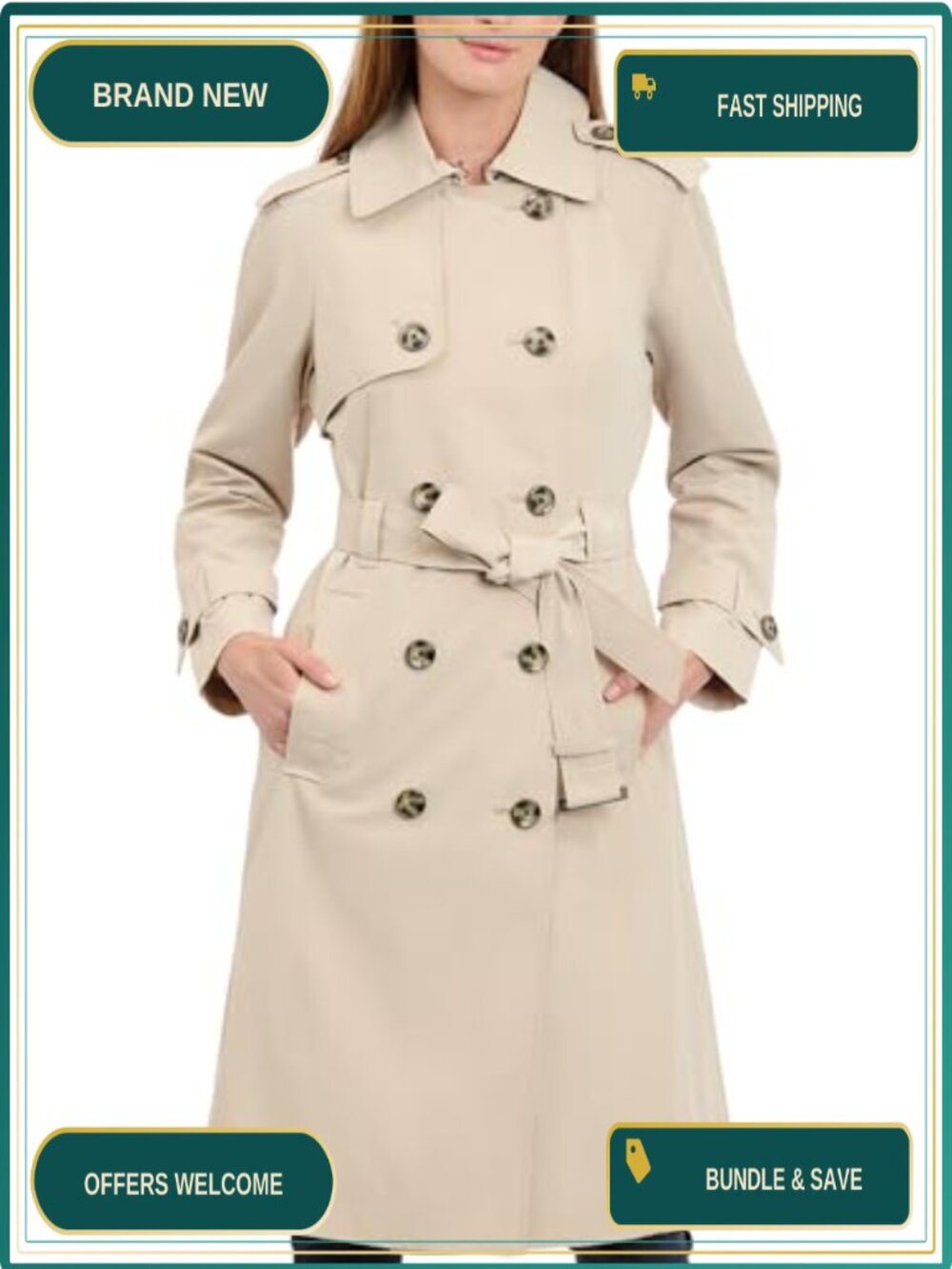Womens Double Breasted Long Trench Coat with Belt Removable Hood
